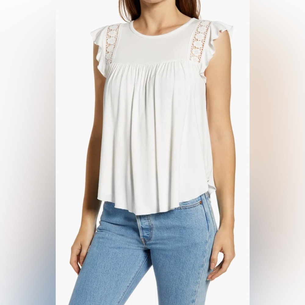 Loveappella Womens Ivory Crochet Inset Flutter Sleeve Blouse Top Size La…